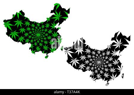 China - Karte ist Cannabis blatt grün und schwarz gestaltet, Volksrepublik China (VRC) Karte aus Marihuana (Marihuana, THC) Laub, Stock Vektor