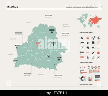Vektorkarte von Belarus. Hoch detaillierte Landkarte mit Abteilung, Städte und Hauptstadt Minsk. Politische Landkarte, Weltkarte, infografik Elemente. Stock Vektor