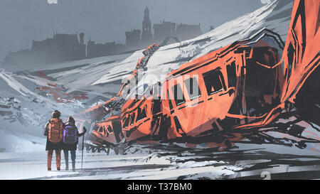 Zwei Wanderer zu Fuß durch einen Zug im Schnee berg ruiniert, digital art Stil, Illustration Malerei Stockfoto