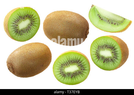 Kiwis oder Chinesische Stachelbeere (Actinidia deliciosa), ganze Früchte, Hälften und Scheiben Stockfoto