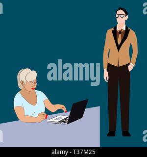 Mitarbeiter im Büro. Ein Mann und eine Frau zusammen arbeiten. Büro Frau, die an einem Notebook arbeitet. Ein Mann steht in der Nähe. Ein Mann hilft einer Frau auf einem c zu arbeiten Stock Vektor