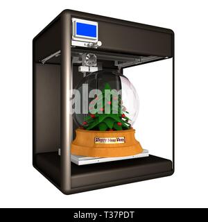 3d-Drucker während der Arbeit auf dem Weihnachtsbaum. 3D-Darstellung Stockfoto