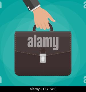 Cartoon Geschäftsmann hand mit braunem Leder Aktentasche. Vector Illustration im flachen Design auf grünem Hintergrund Stock Vektor