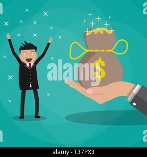 Happy cartoon Business erhält der Mensch einen großen Beutel mit Gold Münzen. bonus Konzept. Vector Illustration im flachen Design auf grünem Hintergrund Stock Vektor