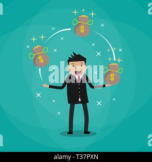 Happy Cartoon Geschäftsmann jonglieren mit Geld Beutel voller Gold Münzen. Vector Illustration im flachen Design auf grünem Hintergrund Stock Vektor