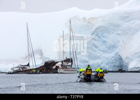 Zodiacs von Kreuzfahrtschiffen und Yachten zu einem alten shiprwrecked whaleing Boot in Wilhelmina Bay festgemacht, Graham Land, Antarktische Halbinsel. Stockfoto