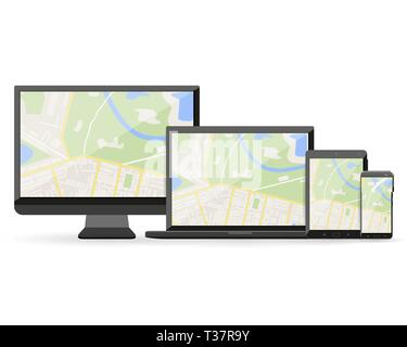 GPS-abstrakten generische Stadtplan mit Straßen, Gebäuden, Parks, Fluss auf Anzeige der modernen digitalen Geräte, Desktop-PC, teblet PC, Smartphone, Laptop. vec Stock Vektor