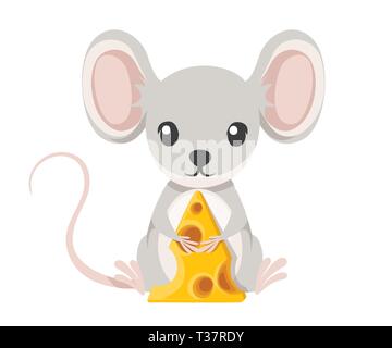 Süße kleine graue Maus sitzen auf dem Boden und halten Sie Käse. Cartoon animal Character Design. Flache Vector Illustration auf weißem Hintergrund. Stock Vektor