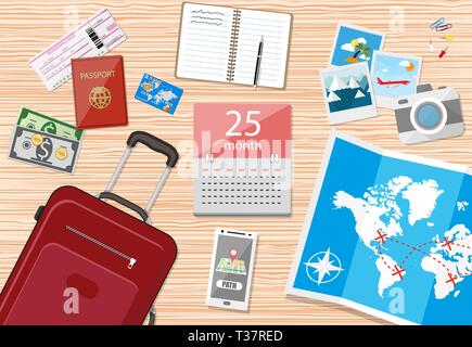 Holz- reisenden Tabelle, Papier Karte von Welt und touristische Anlagen, Reisetasche, Reisepass, Flugticket, Notebook, Smartphone mit Navigation applica Stock Vektor