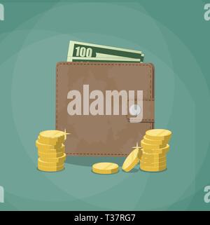 Geschlossen braun Leder Geldbörse. Mit Goldmünzen und Dollar Bargeld. Vector Illustration im flachen Design auf grünem Hintergrund Stock Vektor