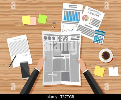 Geschäftsmann Arbeitsplatz Schreibtisch aus Holz. Hände mit Zeitung. Tabelle mit Kaffeetasse, Smartphone, finanzielle Dokumente, Stifte, Taschenrechner, Haftnotizen. Vektor Stock Vektor