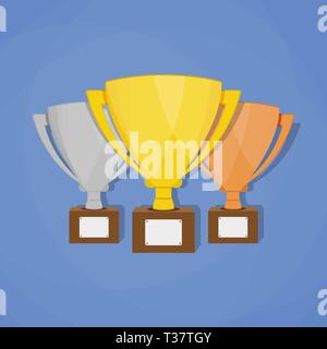 Gold, Silber und Bronze Trophy Cup mit Schatten. Den ersten Platz ausgezeichnet. Champions oder Gewinner Infografik Elemente. Vector Illustration. Stock Vektor
