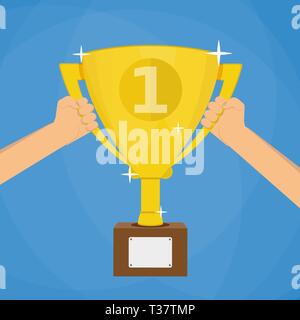 Fußball-Fußball-Gold Trophäe für Sieger. Hände halten gold Pokalsieger. Vector Illustration auf blauen Hintergrund im flachen Stil Stock Vektor