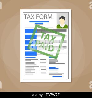 Weiß steuer Formular leer mit grünem Stempel Steuer gezahlt. Das Zahlen von Steuern Konzept. Vector Illustration im flachen Design auf braunem Hintergrund Stock Vektor