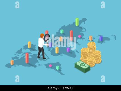 Wohnung 3 d isometrische Geschäftsmann mit Lupe für jedes Land auf der Weltkarte zu analysieren. Möglichkeit der Geldanlage und Business Analyse concpet. Stock Vektor
