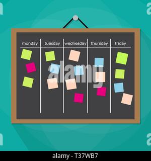 Scrum Task Board hängend an der Wand voller Aufgaben auf haftnotiz Karten. Entwicklung, Teamarbeit, Agenda, um Liste zu tun. Vector Illustration im flachen Stil auf Stock Vektor