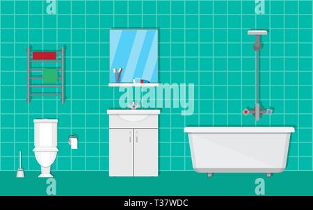 Badezimmer mit Möbeln. Waschbecken mit Spiegel, Bad mit Badewanne, Handtuchtrockner. Wc, Papier und Pinsel. Vector Illustration im flachen Stil auf grünem Hintergrund Stock Vektor