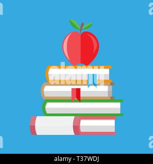 Red Apple auf einem Stapel Bücher. Bildung Symbol. Vector Illustration im flachen Stil auf blauem Hintergrund Stock Vektor