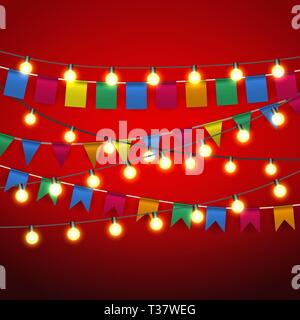 Farbe Wimpel wimpelketten und warmen Gelb leuchtet die Lampe an der schwarzen Strings auf roten Hintergrund. Feier Veranstaltung. Vector Illustration Stock Vektor