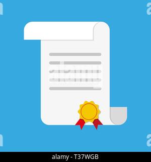 Weißes Papier abgerollt, Diplom Blättern mit gelben Stempel und roten Bändern. Staffelung Konzept. Vector Illustration im flachen Stil auf blauem Hintergrund Stock Vektor