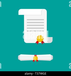 White rollte und rollte das Papier Diplom Blättern mit gelben Stempel und roten Bändern. Staffelung Konzept. business Zertifikat. Vector Illustration in Fla Stock Vektor