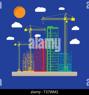 Baustelle Symbol mit Gebäuden und Kräne. Wolkenkratzer im Bau. Vector Illustration auf blauem Hintergrund mit Wolken Stock Vektor