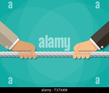 Geschäftsmann Hände ziehen, Seil, Tauziehen, business Wettbewerb Konzept. Vector Illustration im flachen Stil auf grünem Hintergrund Stock Vektor