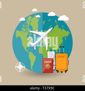 Travel Concept. Weltkarte, Flugzeug, Tasche, Bordkarte, pass auf den Himmel mit Wolken auf braunem Hintergrund. Vector Illustration in flacher Bauweise Stock Vektor