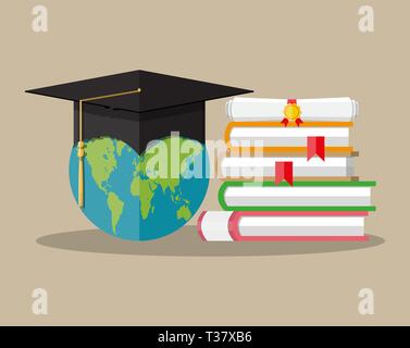 Kugel und Skalenhaube, Stapel Bücher und rollte Diplom mit Dichtung und Bänder. Welt Graduierung Konzept. Vector Illustration im flachen Stil auf Braun b Stock Vektor