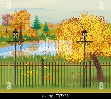 Landschaft Herbst Stadtpark. Eisenzaun und Straßenlaternen. Wald und Teich Wolken. Vector Illustration Stock Vektor
