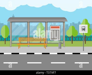 Leeren Bus Stop mit Sitzbank und Abfallbehälter, Stadt, Hintergrund, Baum, blauer Himmel mit Wolken Stock Vektor