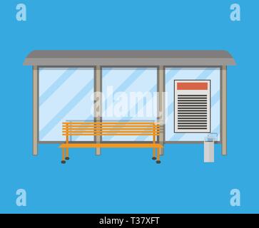 Leeren Bus Stop mit Sitzbank und Abfallbehälter. Vector Illustration im flachen Stil auf blauem Hintergrund Stock Vektor