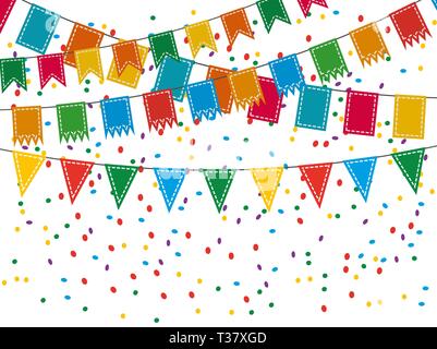 Bunte Wimpel wimpelketten Sammlung mit Heftung Linien und Konfetti auf weißem Hintergrund in flacher Ausführung isoliert. Vector Illustration Stock Vektor