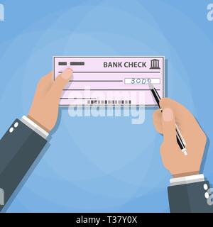 Man Hände mit Kugelschreiber schreiben prüfen. bank Check Zahlungen. Vector Illustration im flachen Stil auf blauem Hintergrund Stock Vektor