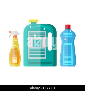 Chemie im Haushalt Reinigung. Plastikflaschen, Haushalt Reinigung Behälter Design. Vector Illustration in Flat Style isoliert auf weißem Stock Vektor