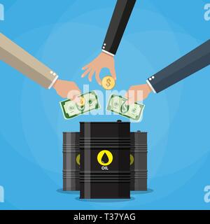 Geschäftsmann Hand herauf Gold Münze und Dollar Bargeld in Barrel Erdöl, Öl Anlagekonzept. Vector Illustration im flachen Stil auf blauem Hintergrund Stock Vektor