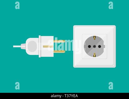 Elektrische weiße Buchse und Stecker auf grünem Hintergrund. Vector Illustration in flacher Bauweise Stock Vektor
