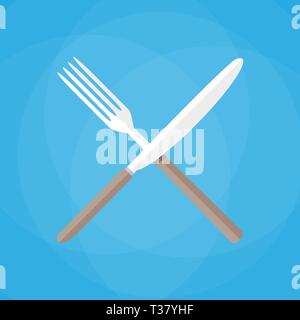 Gekreuzten Messer und Gabel. Vector Illustration im flachen Stil auf blauem Hintergrund Stock Vektor