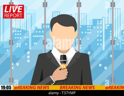 Nachrichten Reporter Männer mit Mikrofon in Bürogebäude. stadtbild Hintergrund. breaking news. Fernseher. drücken. Vector Illustration im flachen Stil Stock Vektor