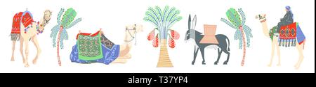 Eine Sammlung von dekorativen moderne Symbole in der alten ägyptischen Stil, Bilder von einem Kamel, Esel und Palm vector Abbildung Stock Vektor