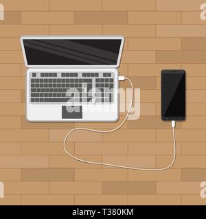 Handy eingesteckt und Aufladen über USB-Port des Laptops. Vector Illustration im flachen Stil. Holz- Hintergrund Stock Vektor