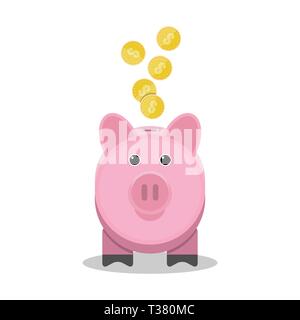 Sparschwein mit Goldmünzen. Spielzeug Pink Pig. Vector Illustration in Flat Style isoliert auf weißem Stock Vektor