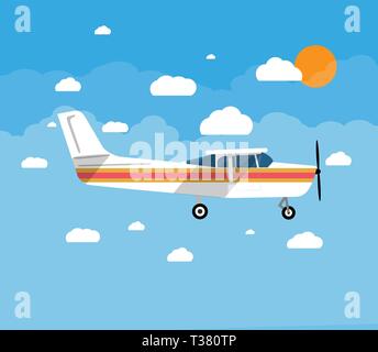 Kleine persönliche Flugzeug in der Luft mit Himmel, Wolken und Sonne. Vector Illustration im flachen Stil Stock Vektor