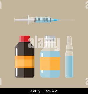 Ampullen und Spritze mit amedicament. Vector Illustration im flachen Stil Stock Vektor