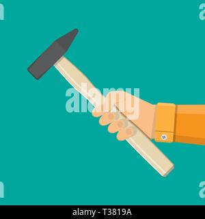 Tischler Hammer in der Hand. Hammer Werkzeug mit Holzgriff. Vector Illustration im flachen Stil Stock Vektor