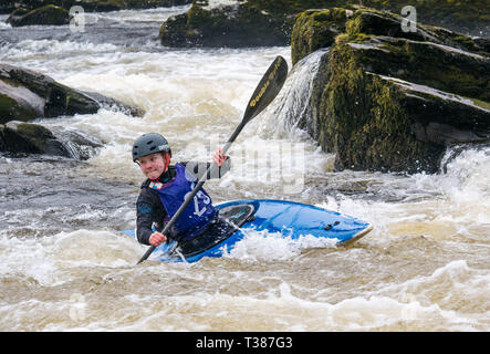 Grandtully, Perthshire, Schottland, Vereinigtes Königreich, 7. April 2019. Grandtully Premier Kanuslalom: Jessie Anderson von Breadalbane Canoe Club konkurriert in Premier der Frauen Kajak am 2. Tag auf dem Fluss Tay Stockfoto