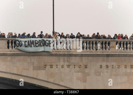 Die Yacht Race erfolgt über einen 6,8 km Abschnitt der Themse von Putney zu Mortlake in der Nähe von Chiswick Bridge. Klicken Sie Cambridge Banner mit Anhänger auf der Brücke Stockfoto