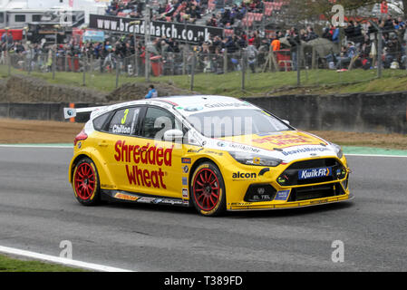 Longfield, UK. 07 Apr, 2019. Tom Chilton im Team zerkleinert Weizen Racing mit Gallagher Ford Focus RS auf seiner Weise zum Gewinnen Runde 3 der British Touring Car Championship in Brands Hatch, Longfield, England am 7. April 2019. Foto von Ken Funken. Nur die redaktionelle Nutzung, eine Lizenz für die gewerbliche Nutzung erforderlich. Keine Verwendung in Wetten, Spiele oder einer einzelnen Verein/Liga/player Publikationen. Credit: UK Sport Pics Ltd/Alamy leben Nachrichten Stockfoto