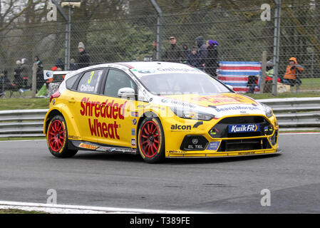 Longfield, UK. 07 Apr, 2019. Tom Chilton im Team zerkleinert Weizen Racing mit Gallagher Ford Focus RS auf seiner Weise zum Gewinnen Runde 3 der British Touring Car Championship in Brands Hatch, Longfield, England am 7. April 2019. Foto von Ken Funken. Nur die redaktionelle Nutzung, eine Lizenz für die gewerbliche Nutzung erforderlich. Keine Verwendung in Wetten, Spiele oder einer einzelnen Verein/Liga/player Publikationen. Credit: UK Sport Pics Ltd/Alamy leben Nachrichten Stockfoto