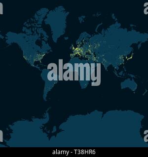 Weltkarte, erdkarte mit prominenten städtischen Gebieten. Nacht Blick auf die Erde. Satelliten Ansicht der Städte beleuchtet in der Nacht Stock Vektor